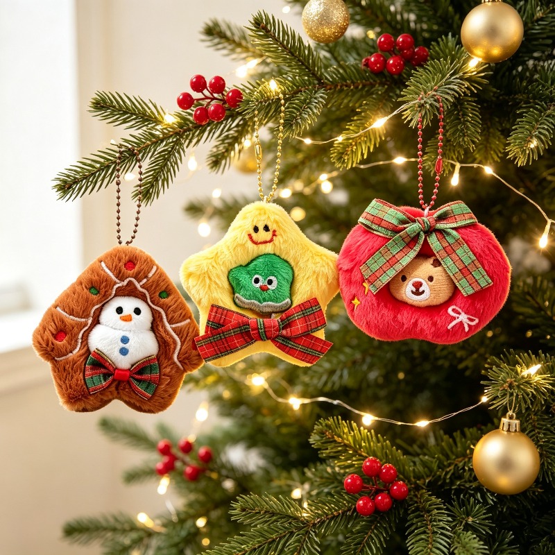 Embroidery Xmas Ornaments - 3'lü Paket Peluş Nakışlı Noel Süsleri
