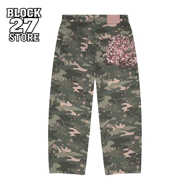 Embroidery Jeans Sakura - Erkek Kot Y2K Sakura Nakış Kamuflaj