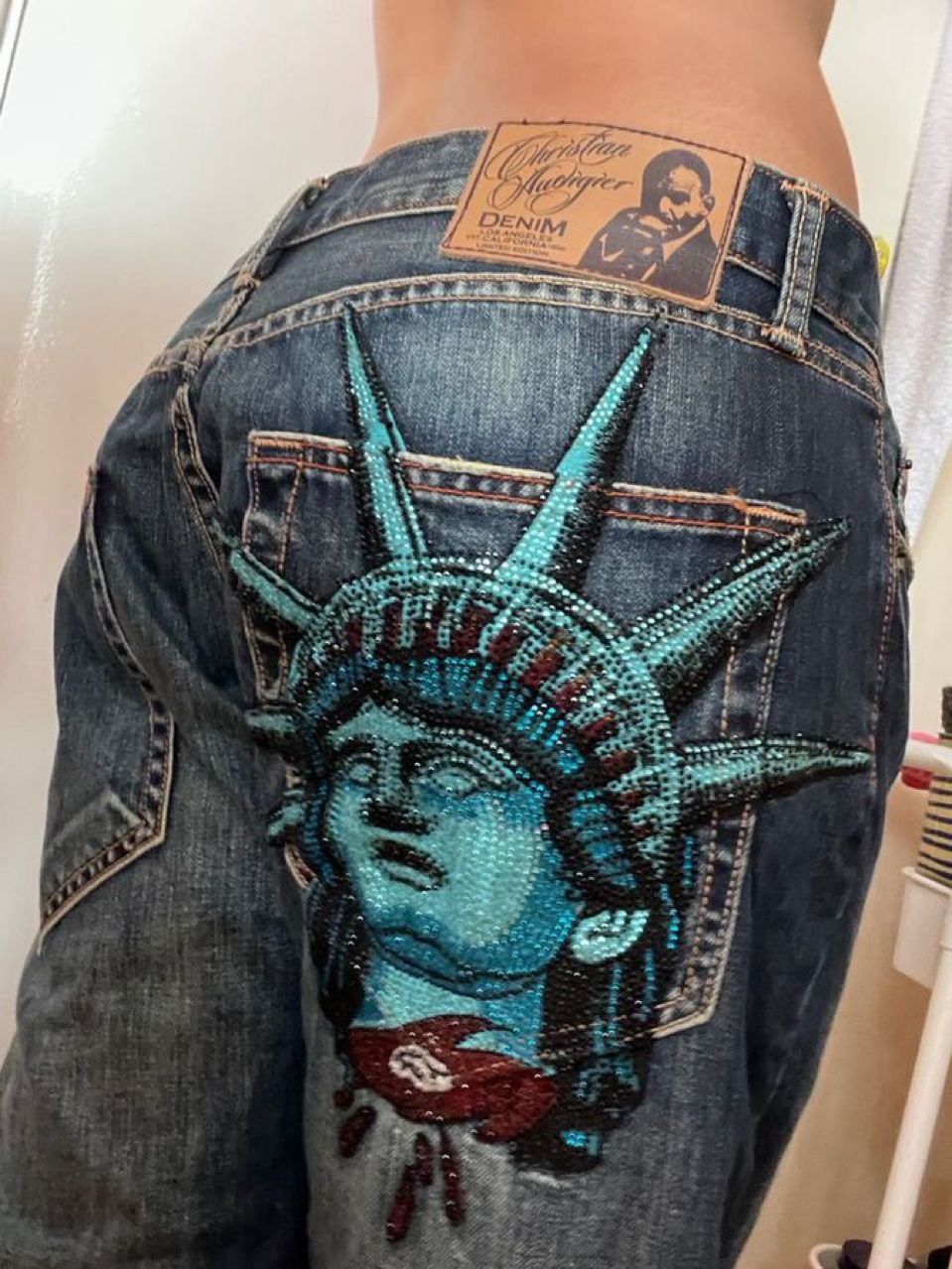 Embroidery Jeans Sakura - Y2k 2000 s özgürlük heykeli Elmas