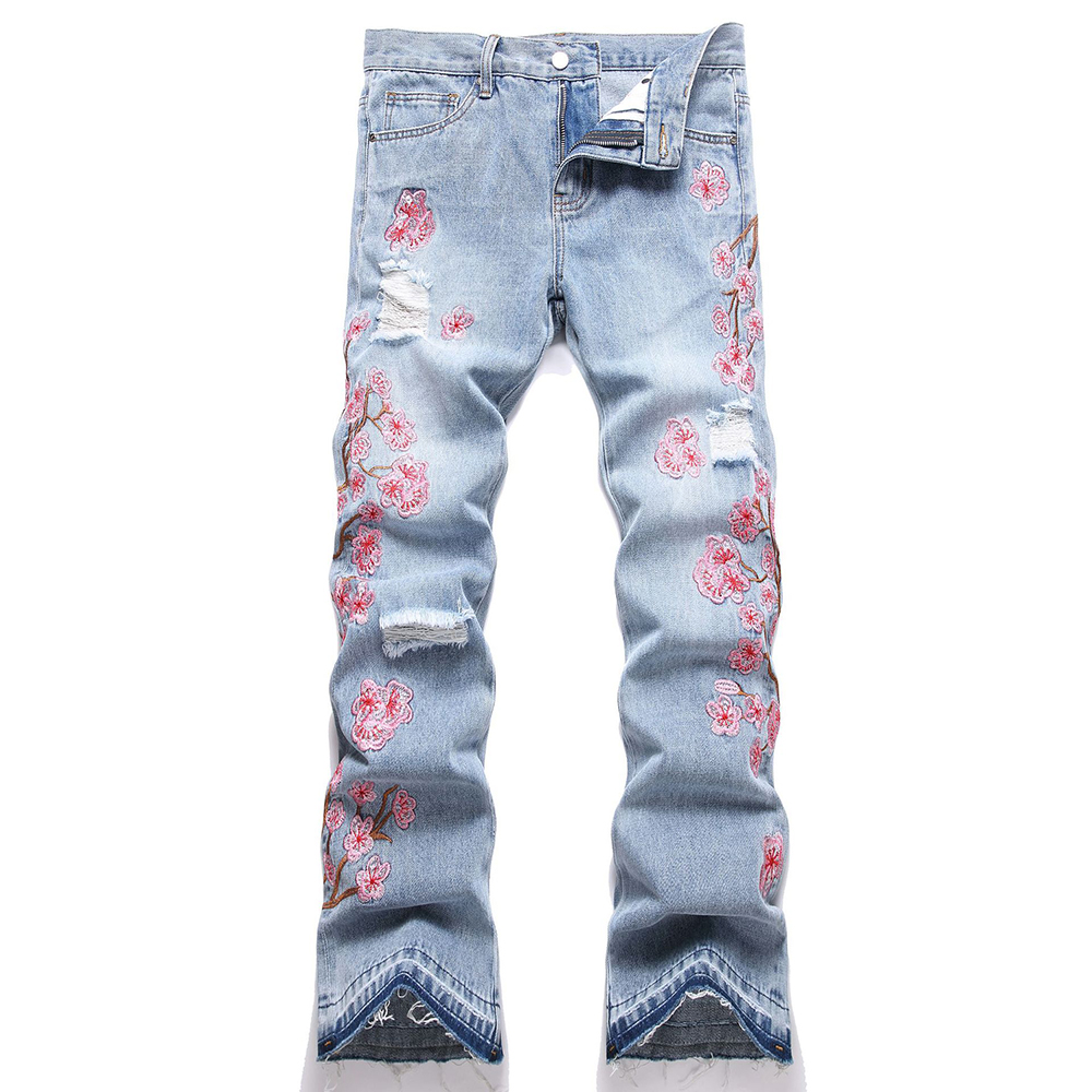 Embroidery Jeans Sakura - Erkekler Çiçek Nakış Denim Kot Streetwear