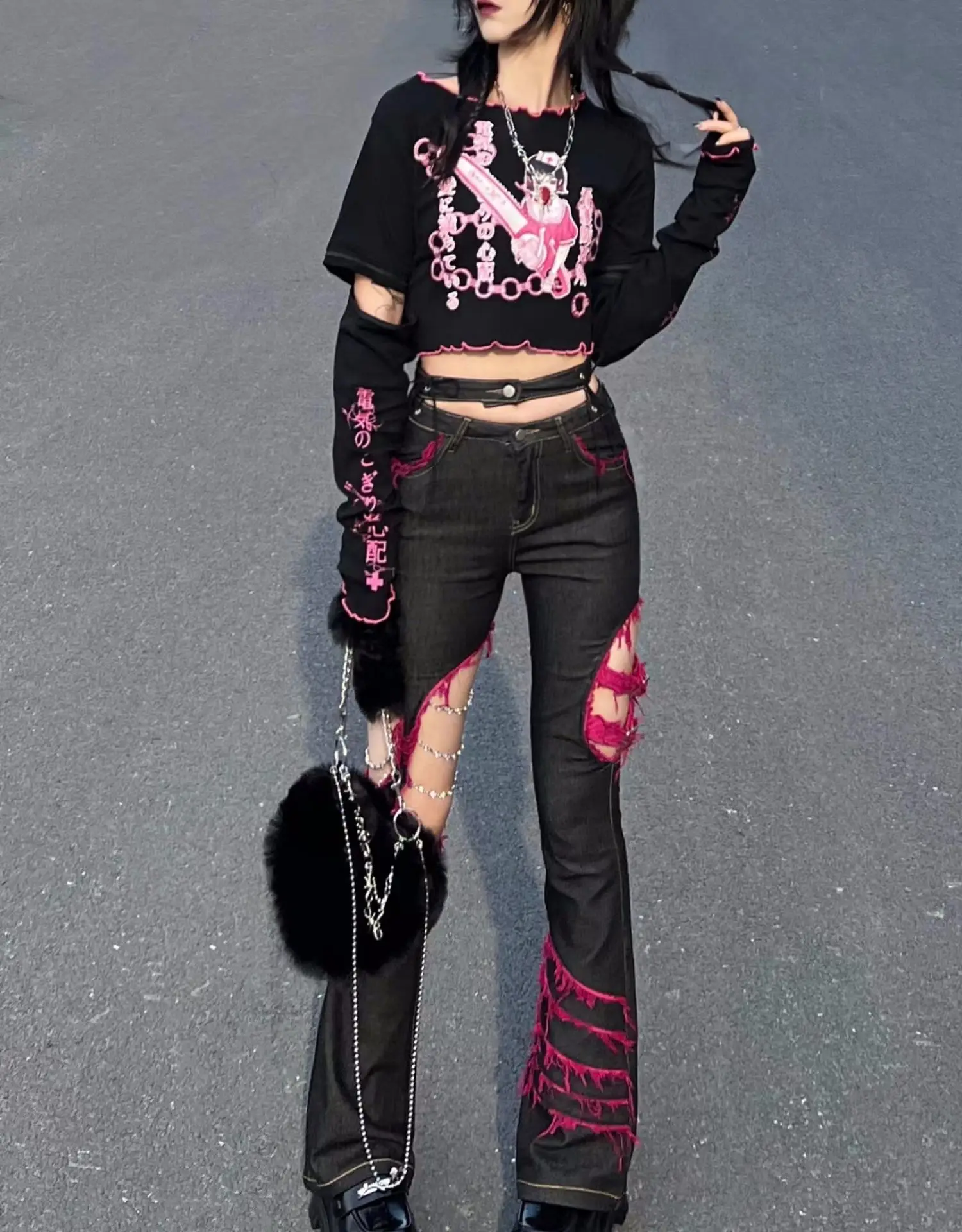 Japon Punk kız siyah kot kültü - Embroidery Jeans Sakura incelemesi ve fiyatı